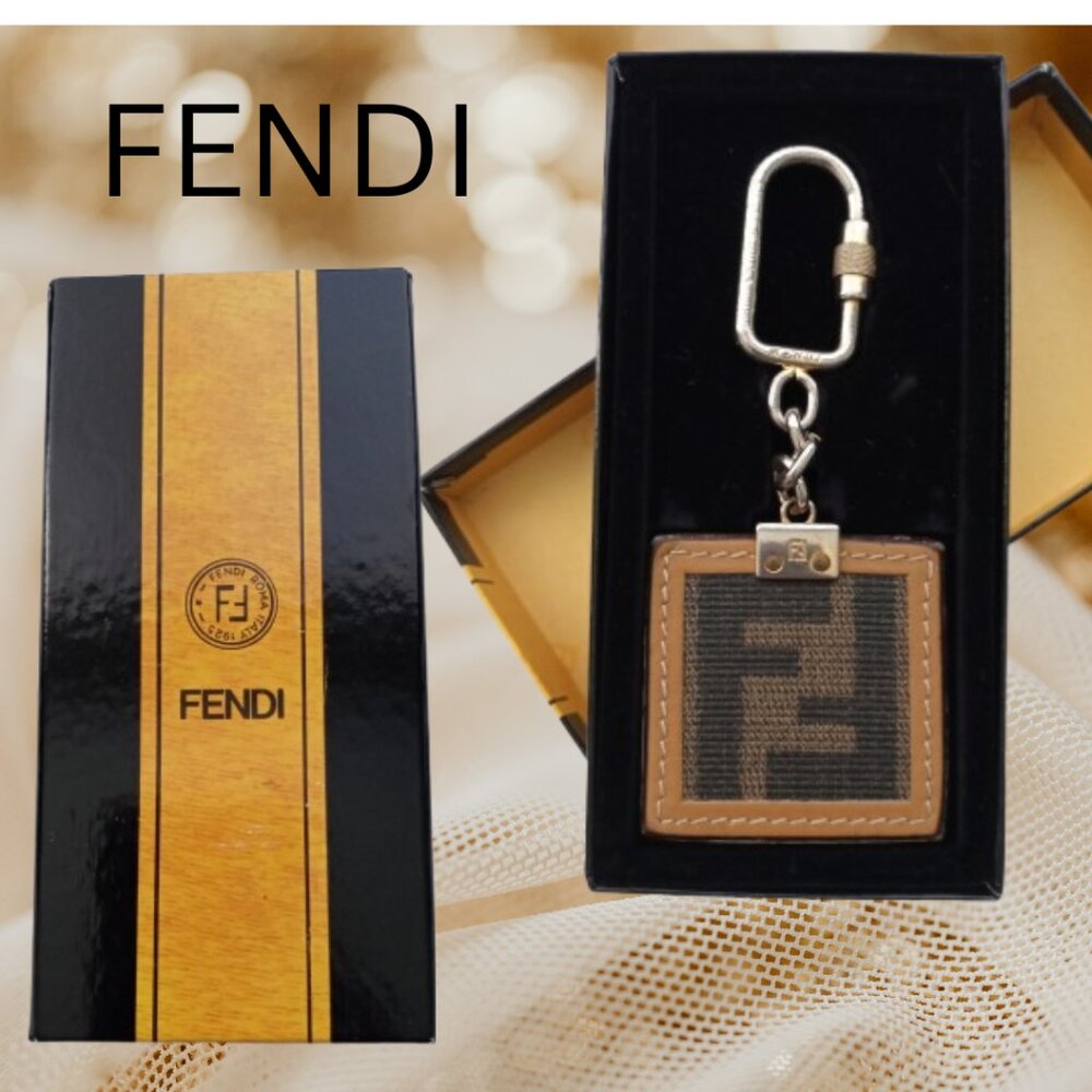 VINTAGE FENDI ZUCCA LEATHER + COATED CANVAS FF LOGO KEYCHAIN CHARM + BOX